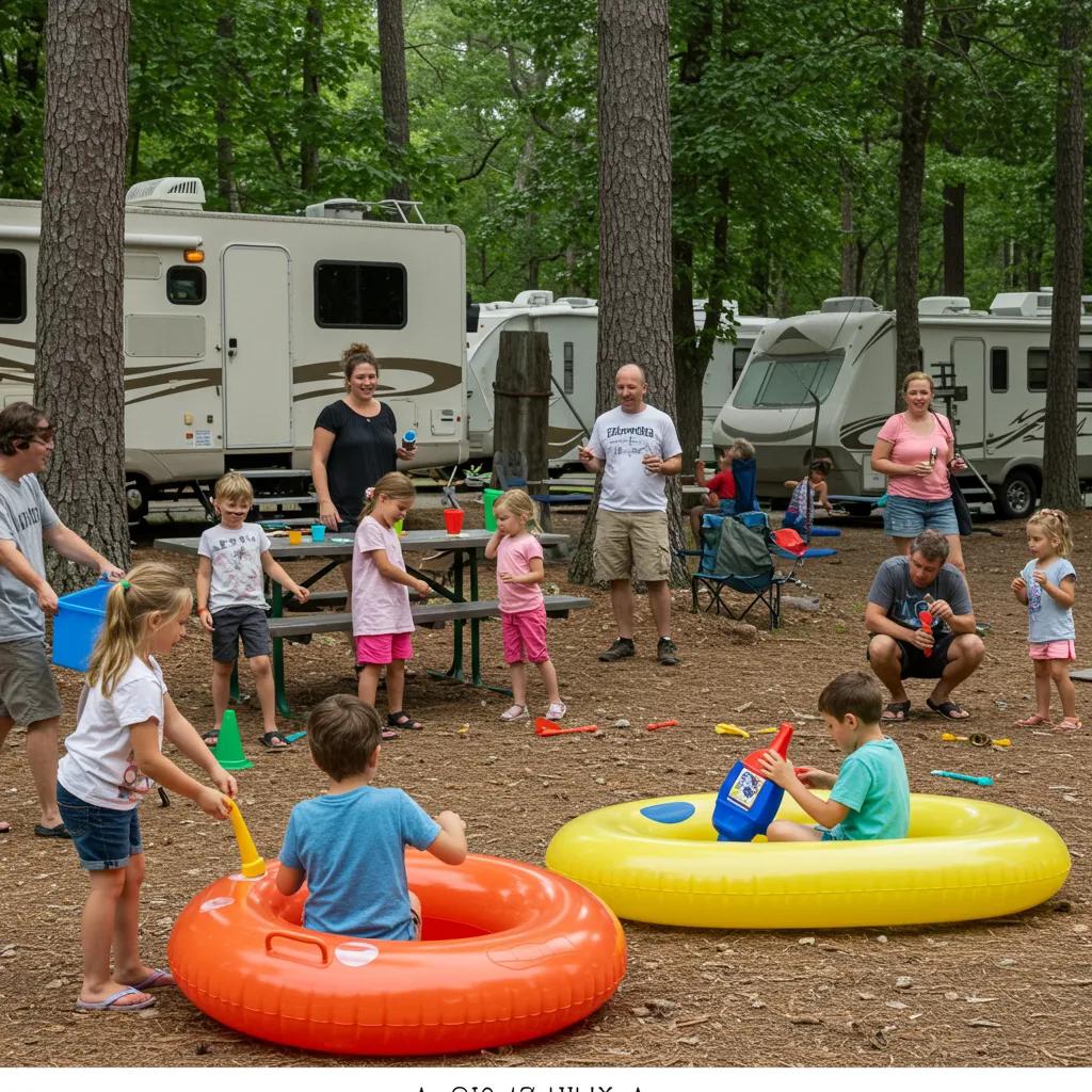 Families enjoying organized activities at Walnut Hills, showcasing crafts, games, and group floats