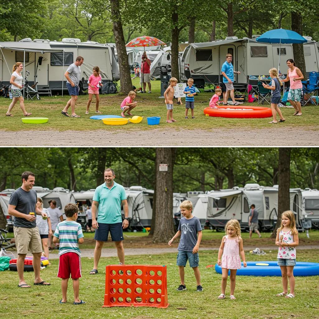 Families enjoying outdoor activities at a campground, highlighting fun and engagement