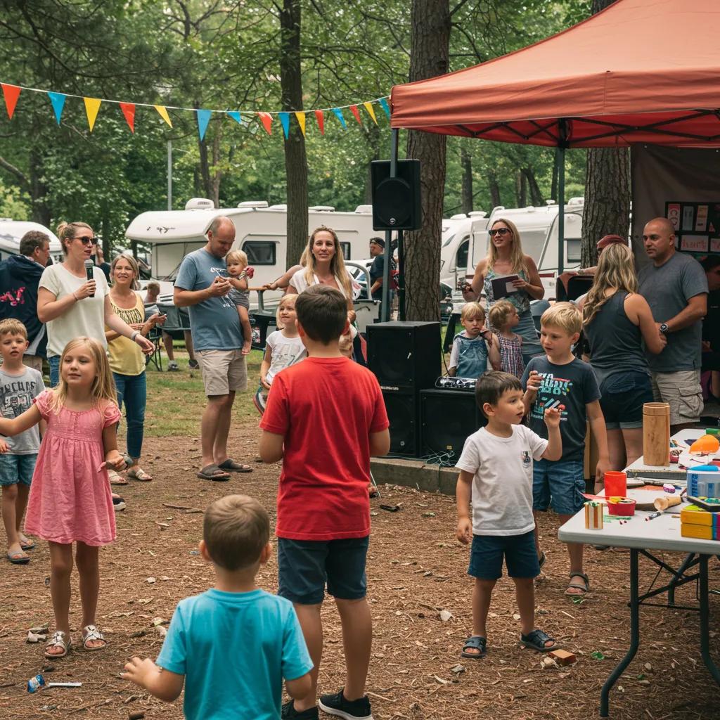 Families enjoying planned events at a campground, including crafts and karaoke