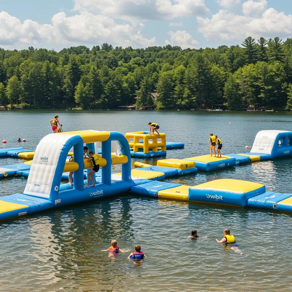Families enjoying the Wibit water park and swimming lake at Camp Dearborn