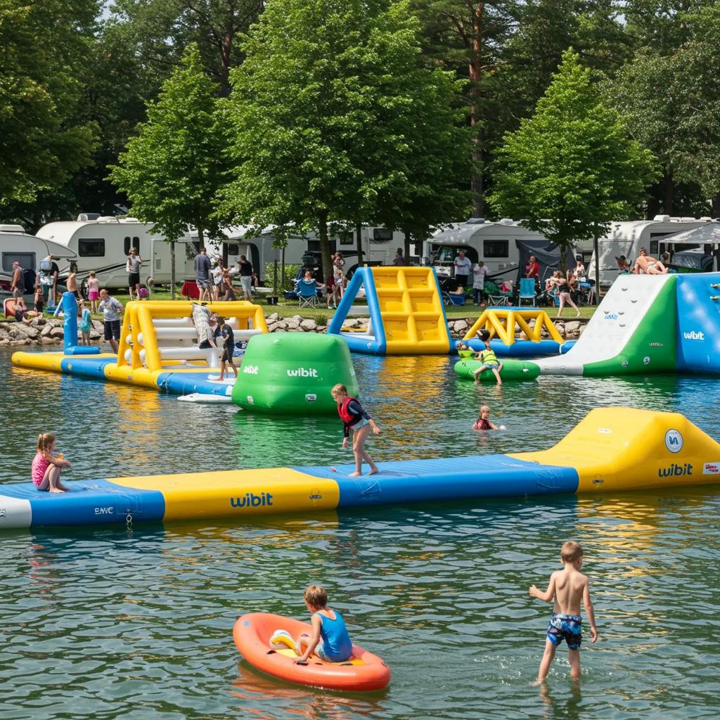 Families enjoying the Wibit water park at Walnut Hills, showcasing accessible and fun camping amenities