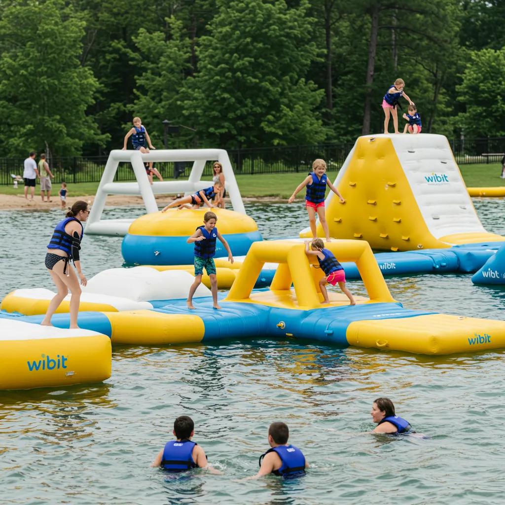 Families enjoying the Wibit water park at Walnut Hills with children playing on inflatable obstacles