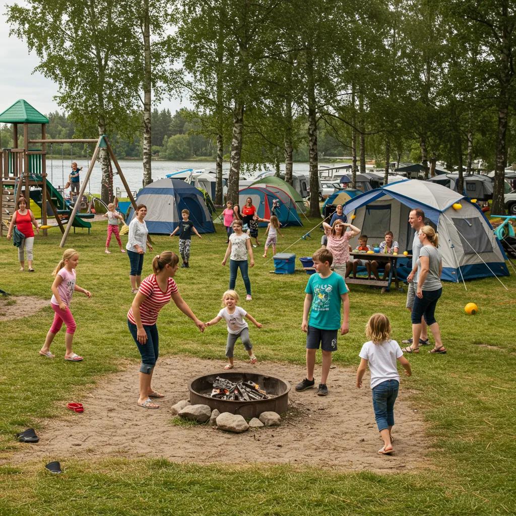 Families enjoying various activities at a campground, including playground fun and campfire gatherings