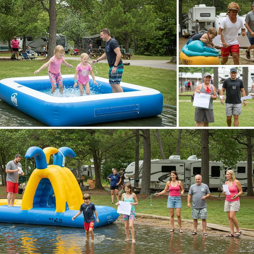 Families enjoying various activities at a campground, including water play and hiking