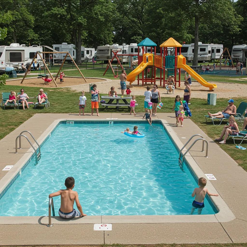 Families enjoying various amenities at a Michigan campground, including a swimming pool and playground