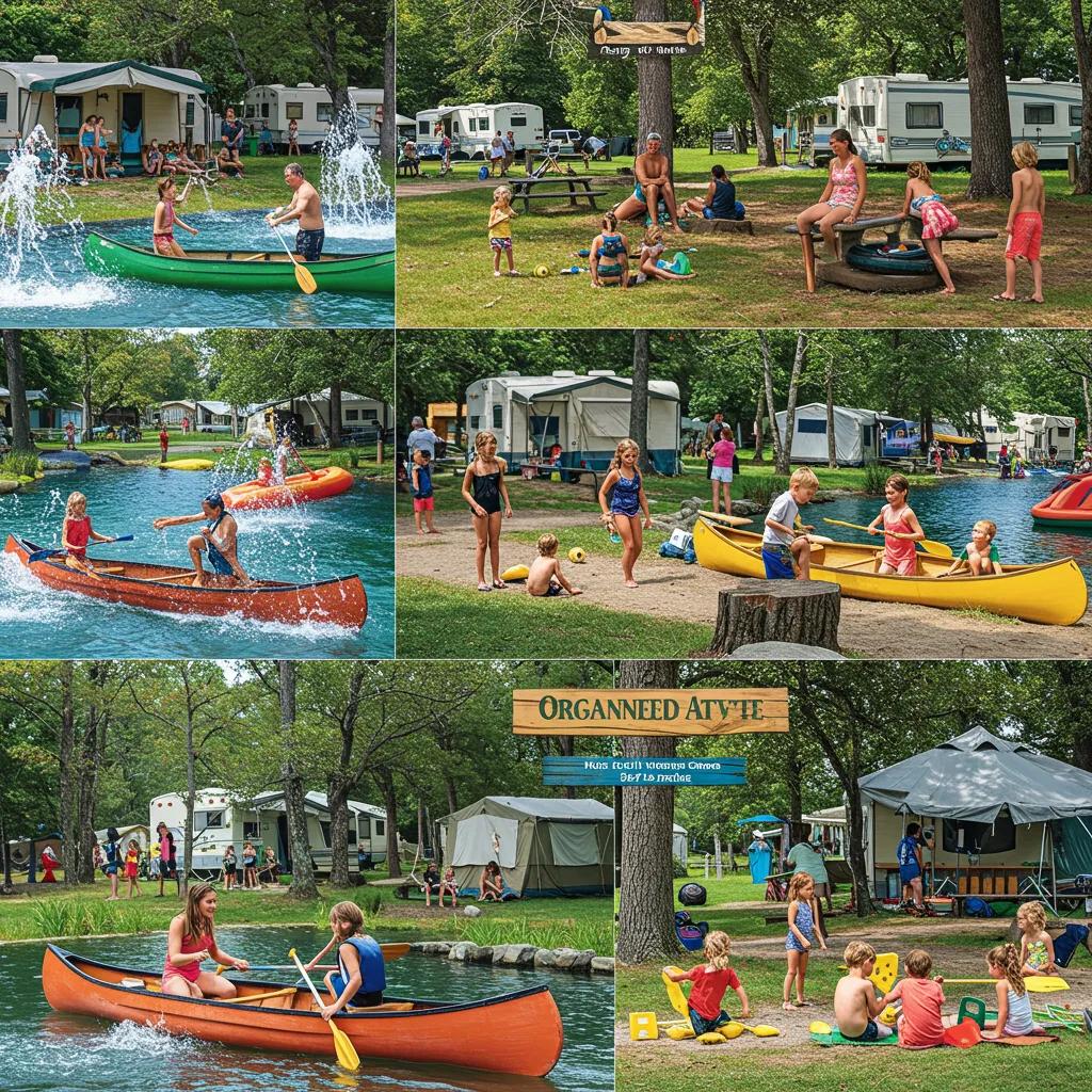Families enjoying various amenities at a seasonal campground, including a water park and lake