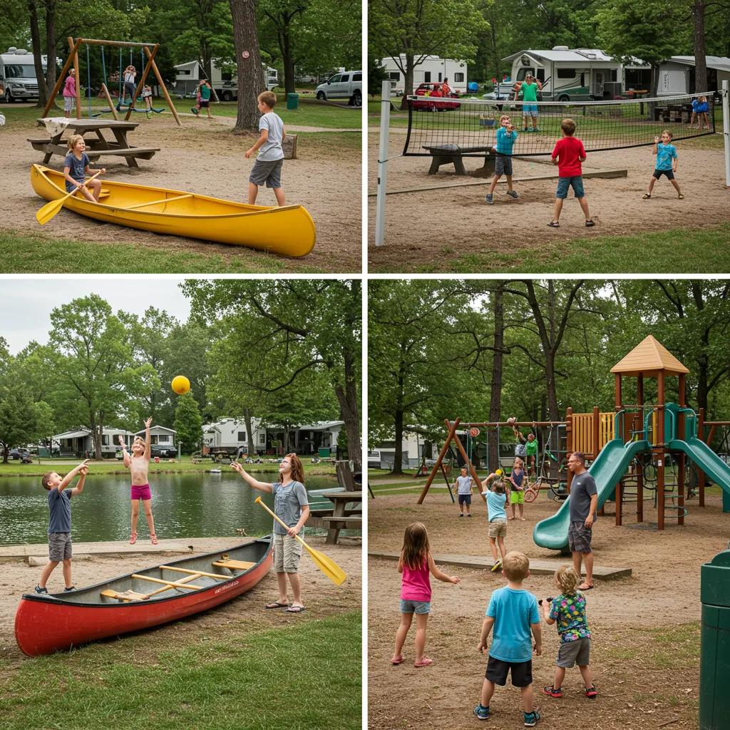 Families enjoying various outdoor activities at a campground