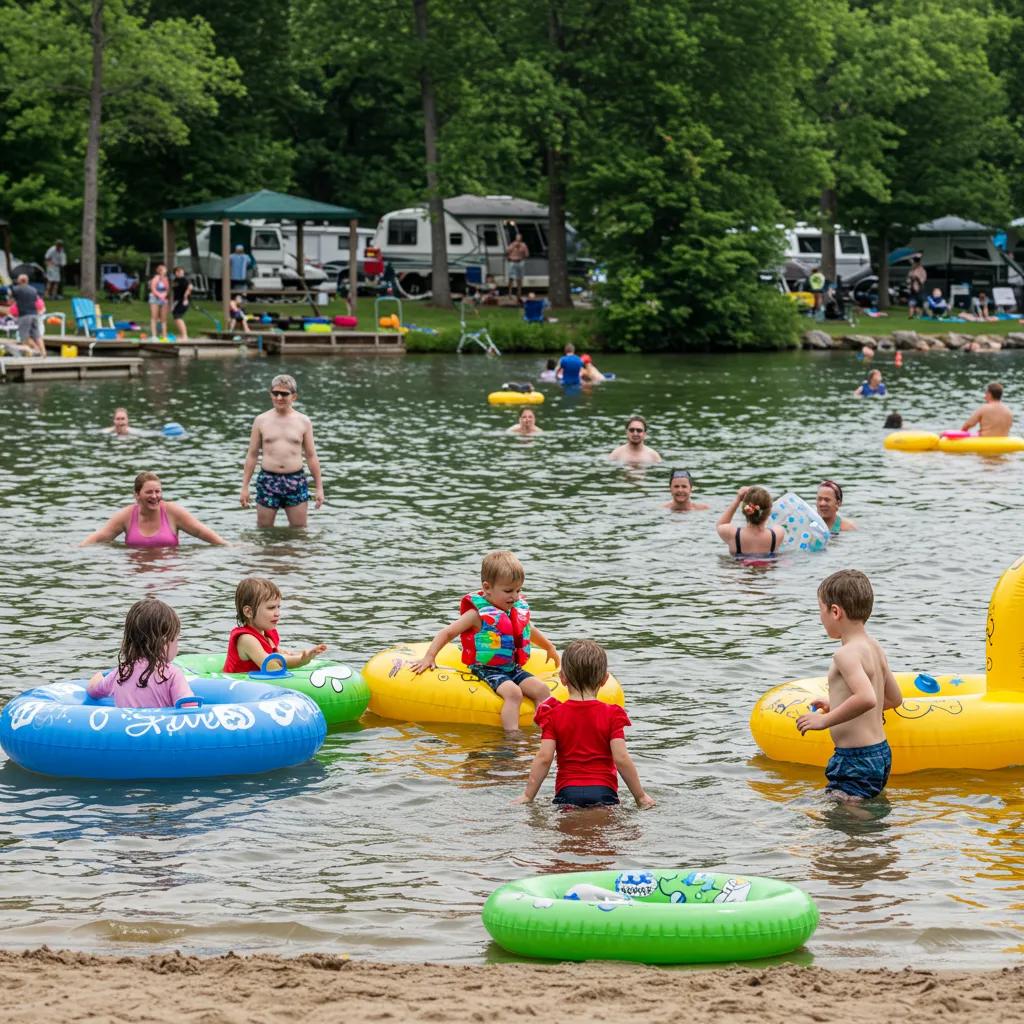 Families enjoying water activities at a Michigan campground with swimming lake and inflatable toys
