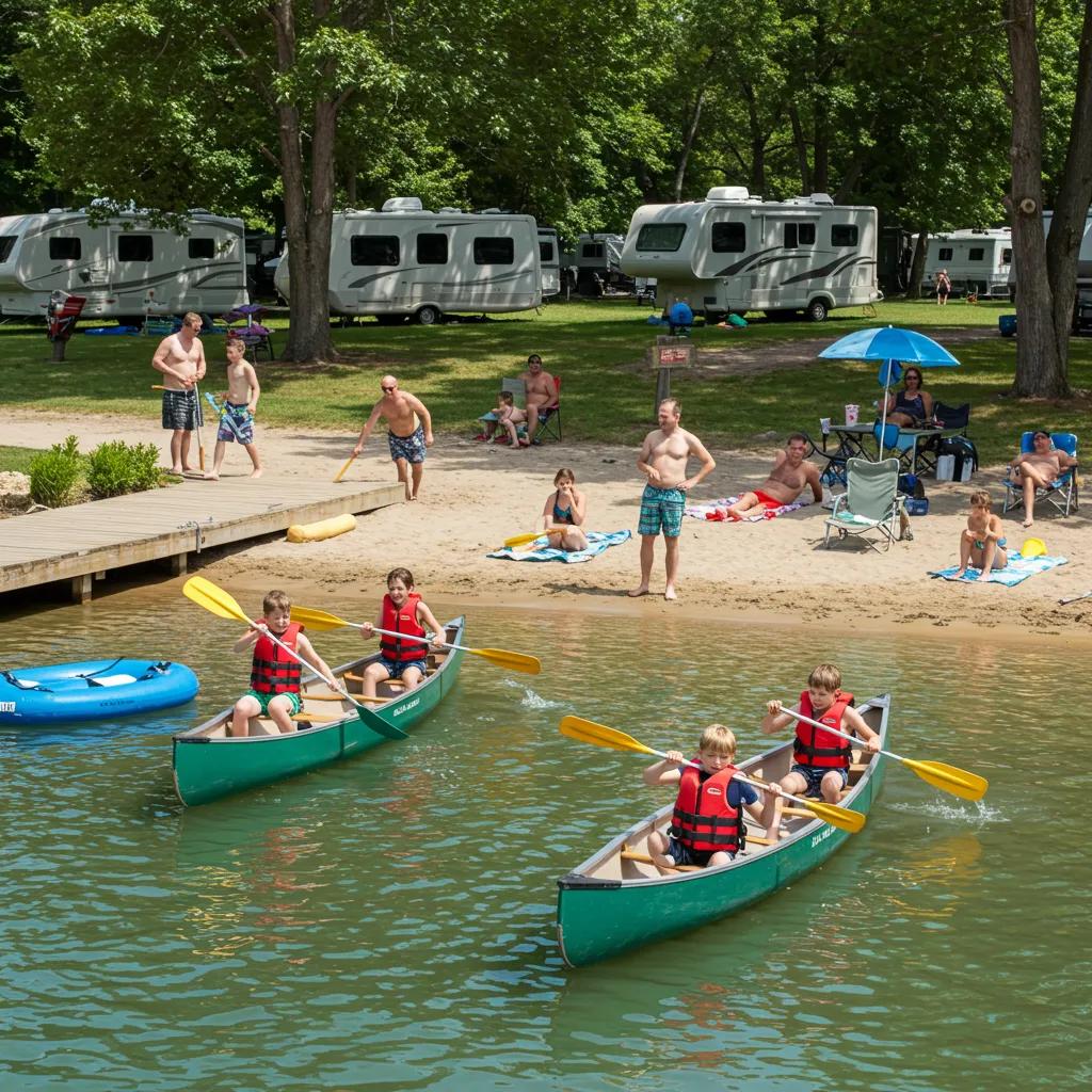 Families enjoying water activities at an Ohio campground with canoes and a sandy beach