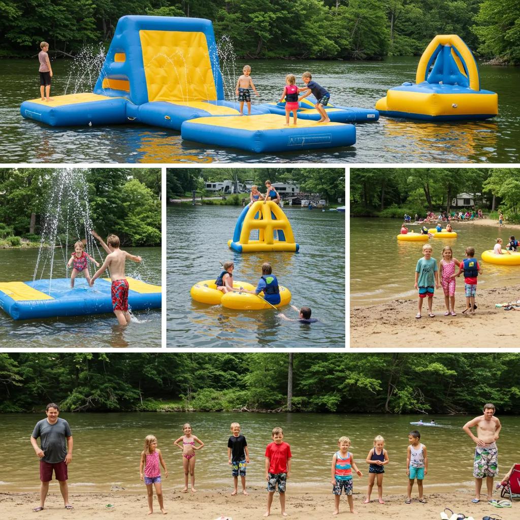 Families enjoying water activities at Michigan campgrounds including inflatable parks and swimming