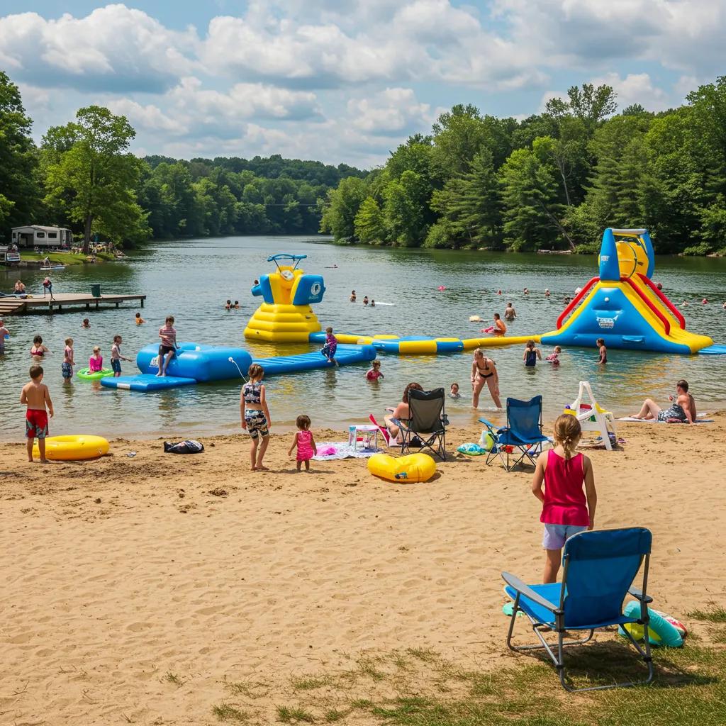 Families enjoying water attractions at Walnut Hills Family Campground in Michigan