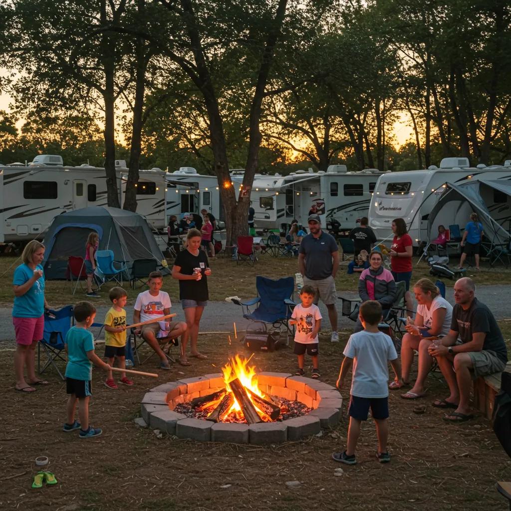 Friends and families gathered around a campfire at a campground, highlighting community engagement and social interaction