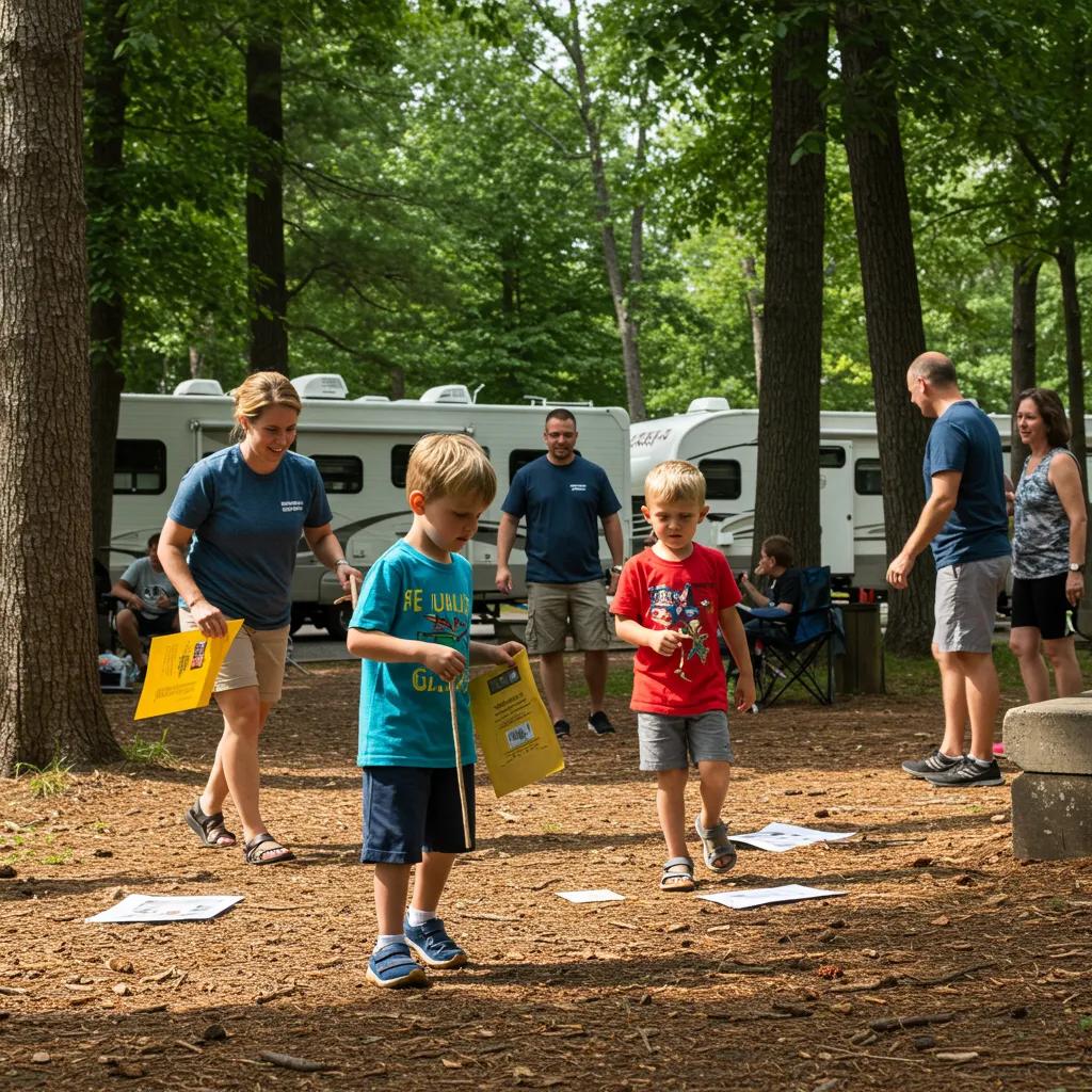 Families participating in a scavenger hunt at a Michigan campground with children exploring