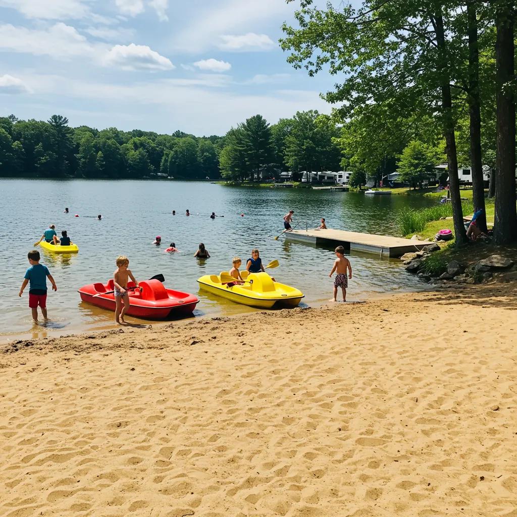 Families participating in lakeside activities like paddle boating and swimming at a campground