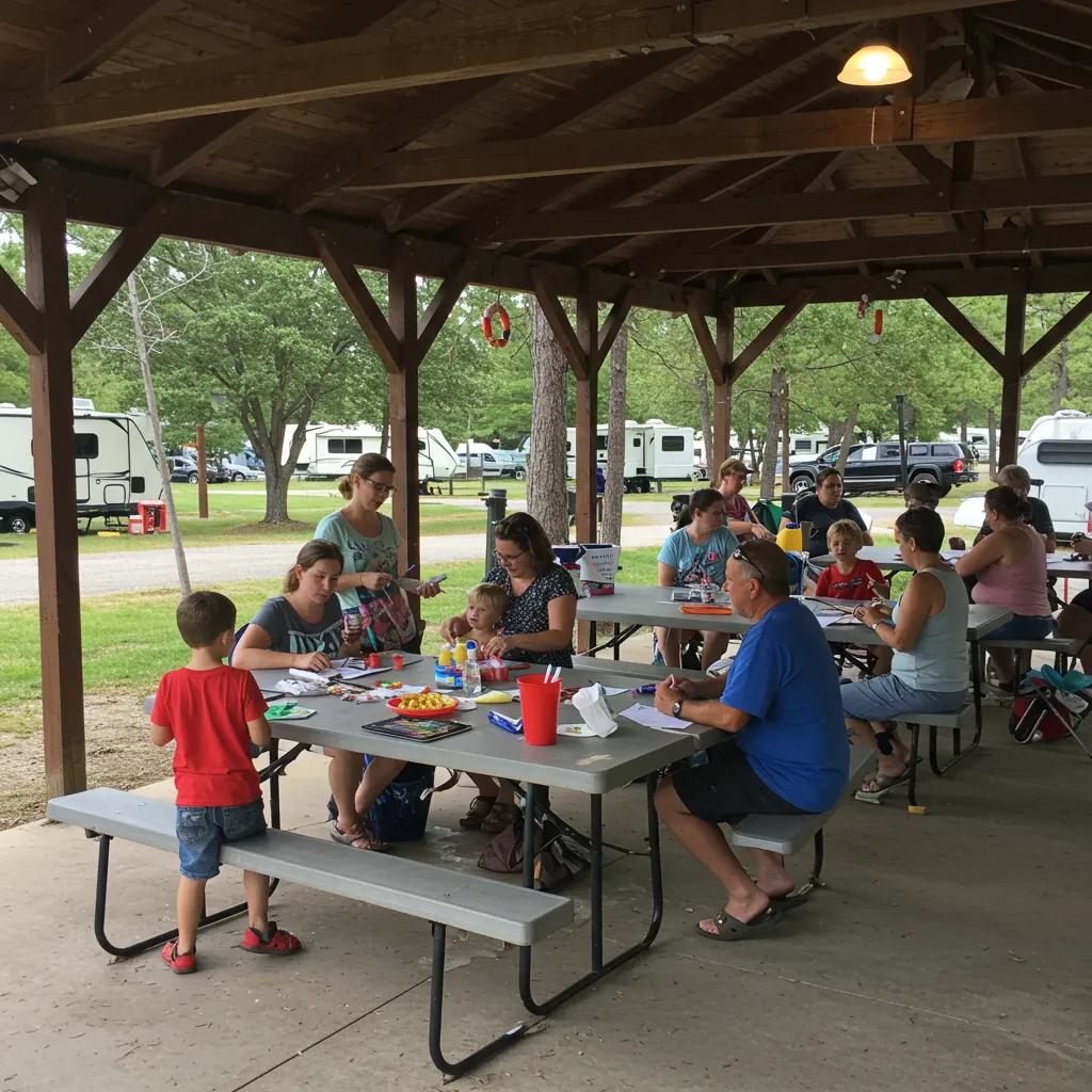 Families participating in organized activities at a family campground event, showcasing community engagement