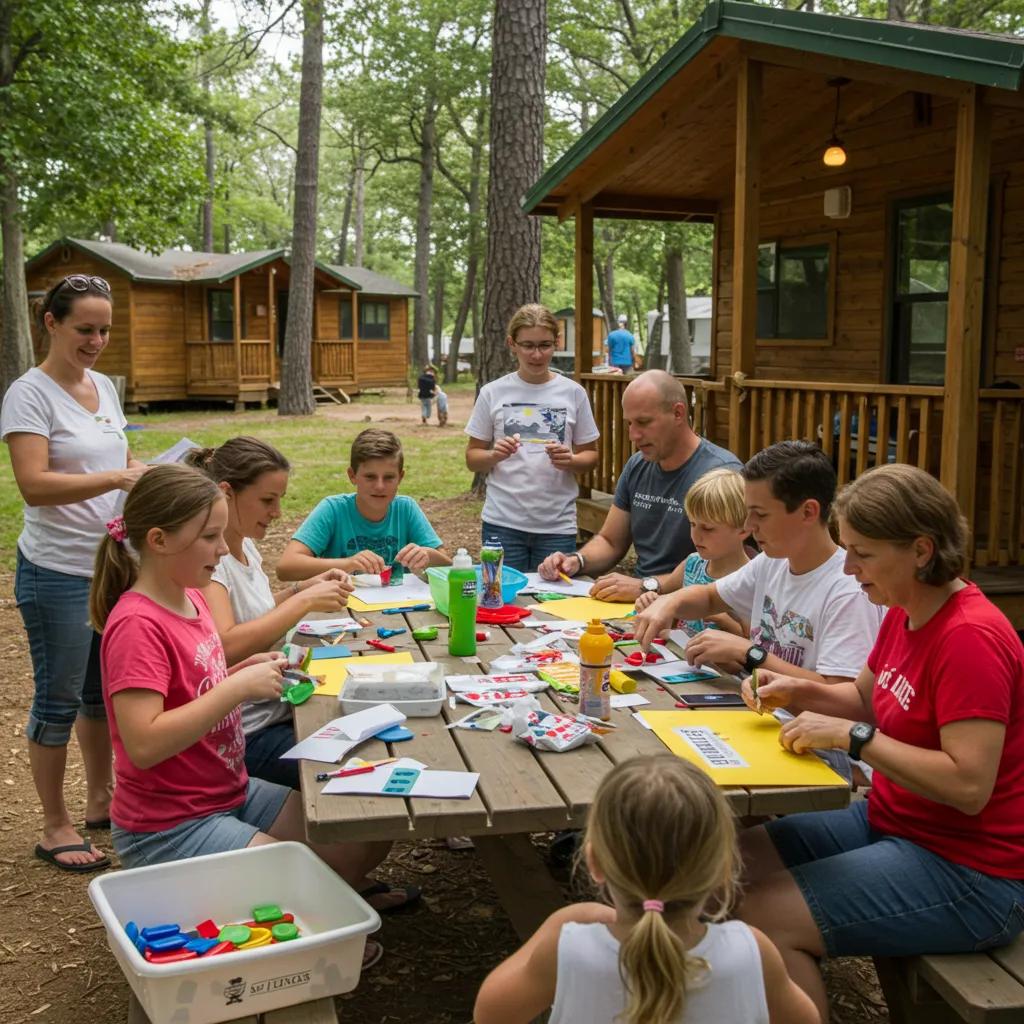 Families participating in organized campground activities, highlighting community and enjoyment during cabin stays