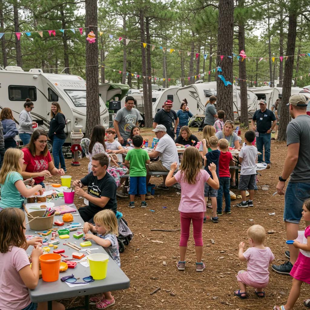 Families participating in themed weekend events at a campground, showcasing crafts, games, and community fun