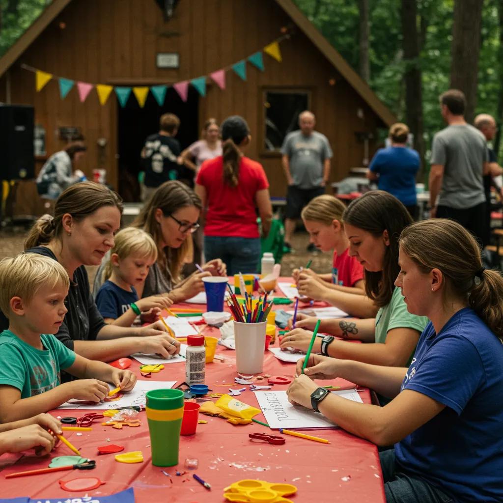 Families participating in themed weekend events at Camp Dearborn, engaging in crafts and games