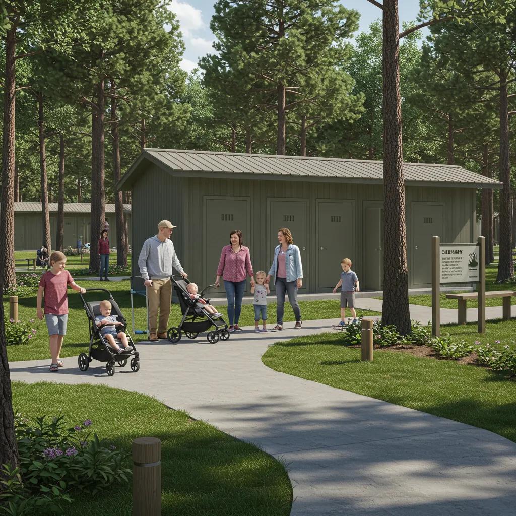 Families utilizing accessible amenities at a campground, showcasing comfort and ease of access