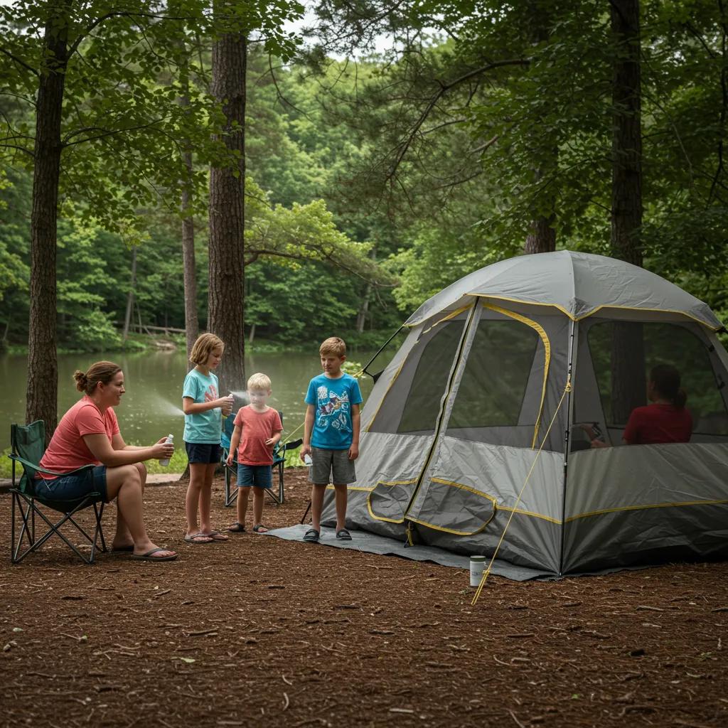 A family applying mosquito repellent and using a screened tent at a Michigan campground for protection