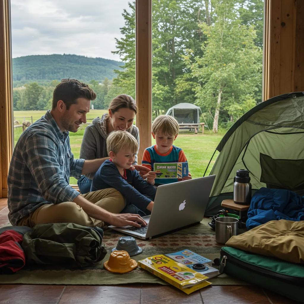Family booking a camping trip online, surrounded by camping gear, illustrating the excitement of planning a visit to Walnut Hills Family Campground