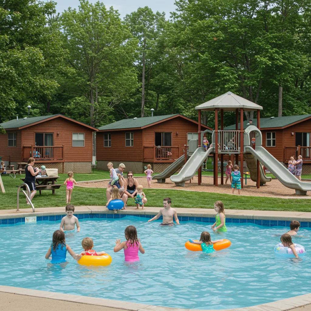 Family campground in Michigan with children playing and families enjoying outdoor activities