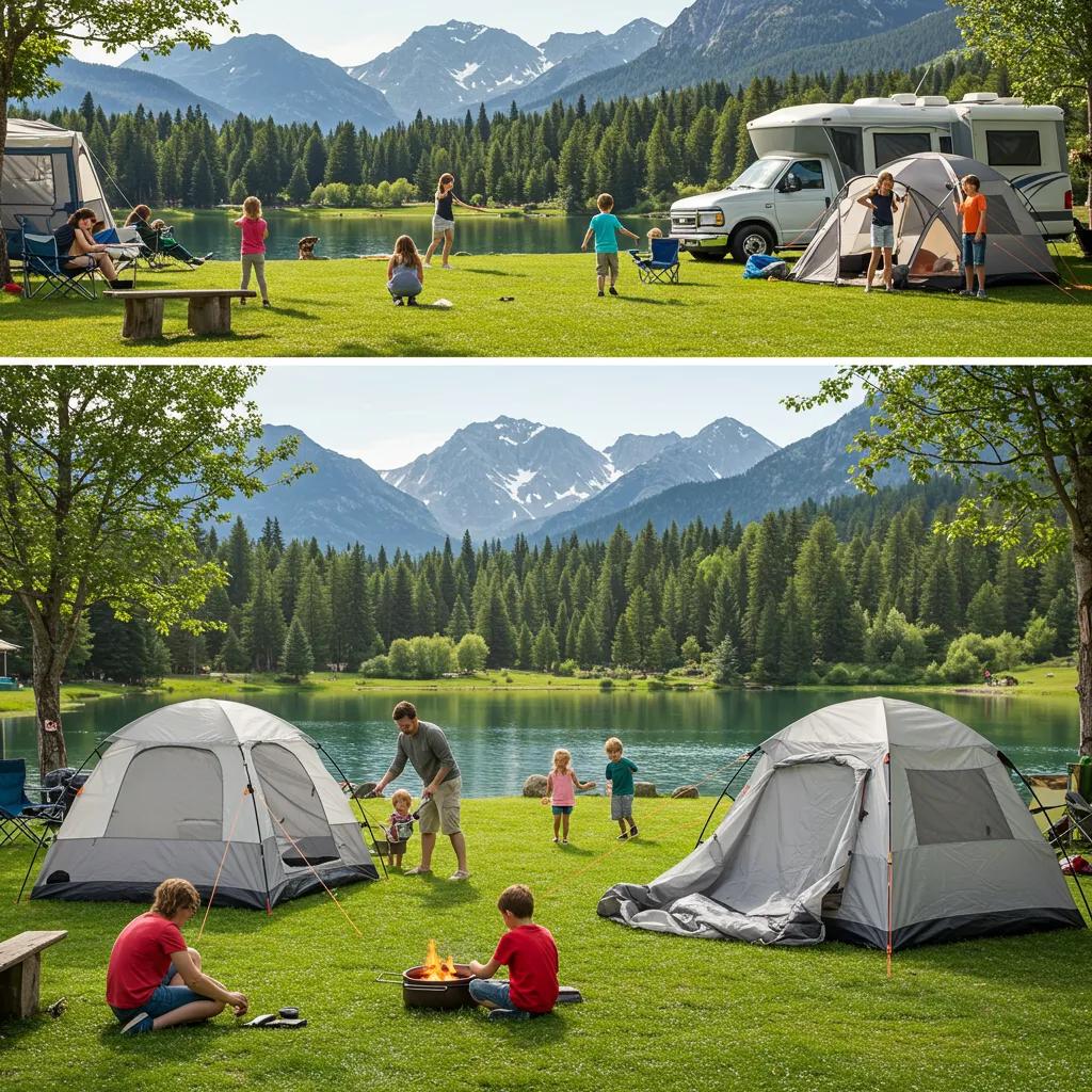Family camping activities at a scenic campground with children playing and parents setting up a tent