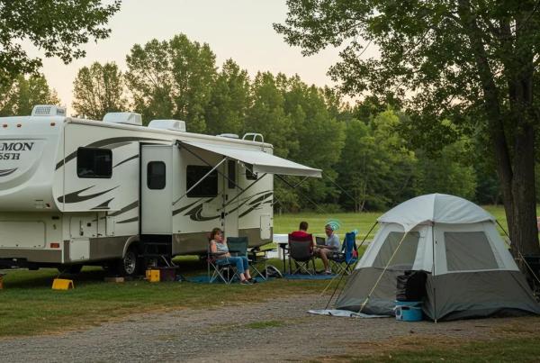 Family camping at a campground along I-80 with devices, highlighting the importance of Wi-Fi quality