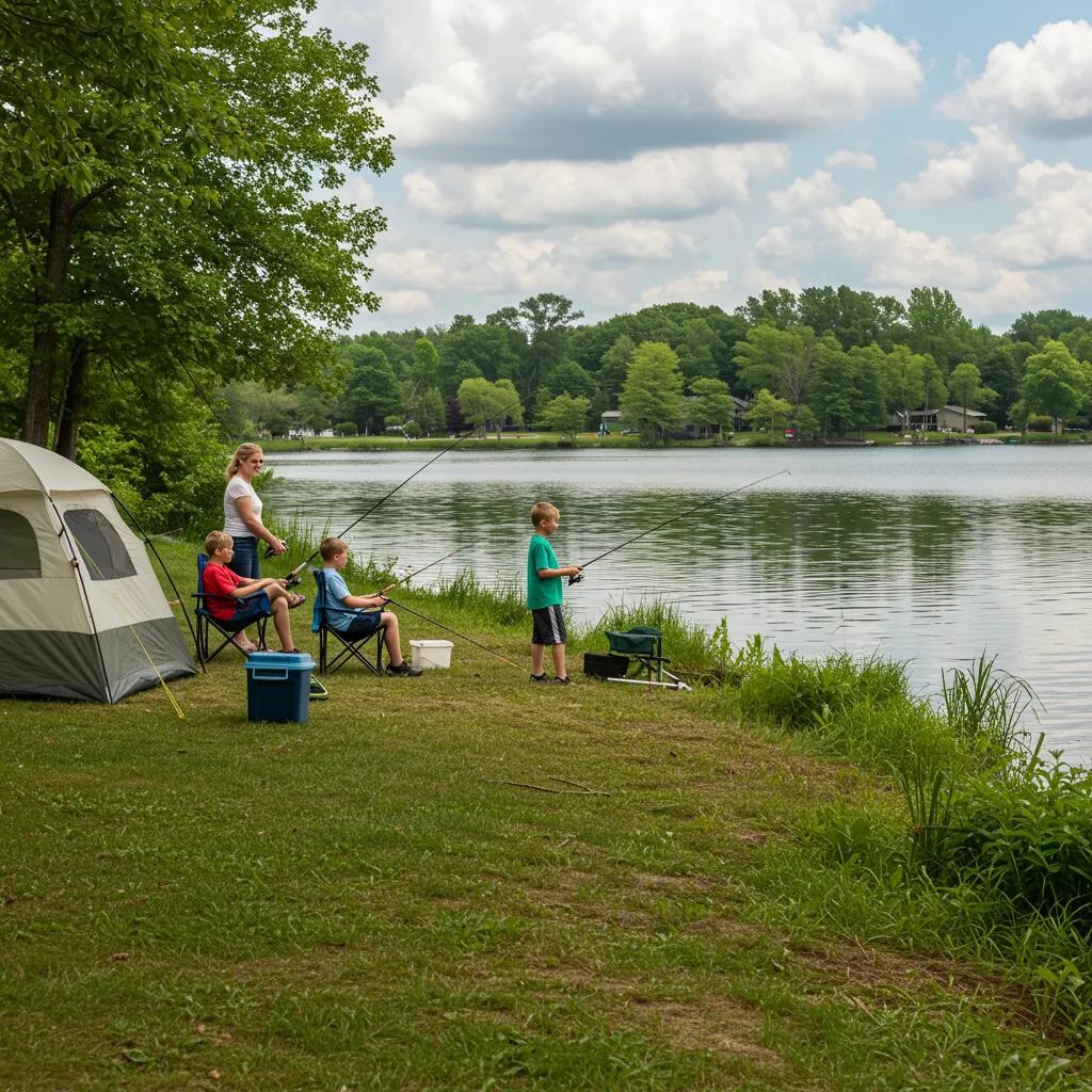 Family camping at a Michigan lake with fishing activities, showcasing a serene outdoor experience