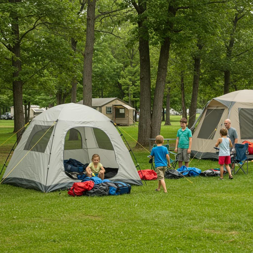Family camping at Camp Dearborn with children playing and a tent setup in a scenic Michigan landscape