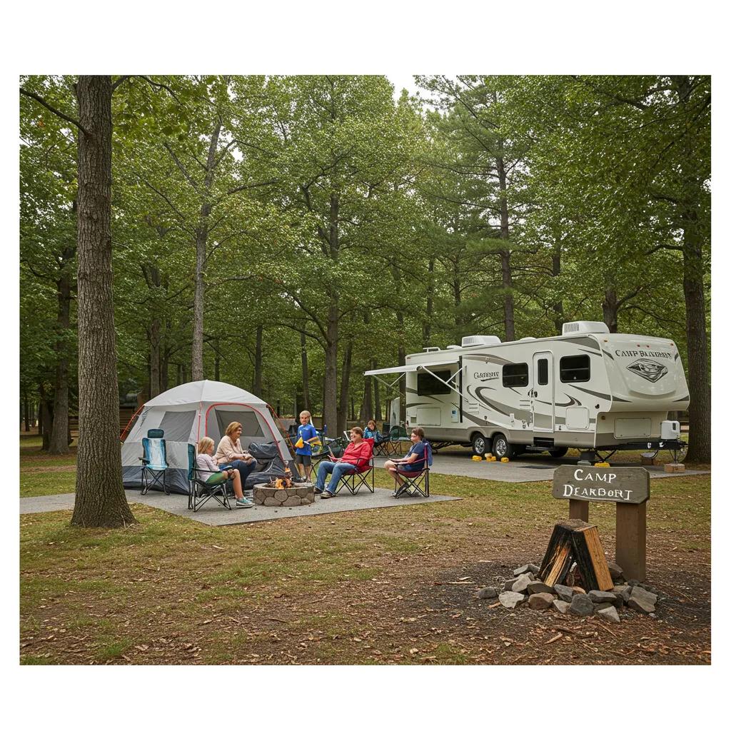 Family camping at Camp Dearborn with tents and RVs in a natural setting