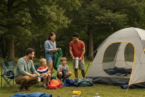Family camping at Walnut Hills with essential tools and joyful interactions