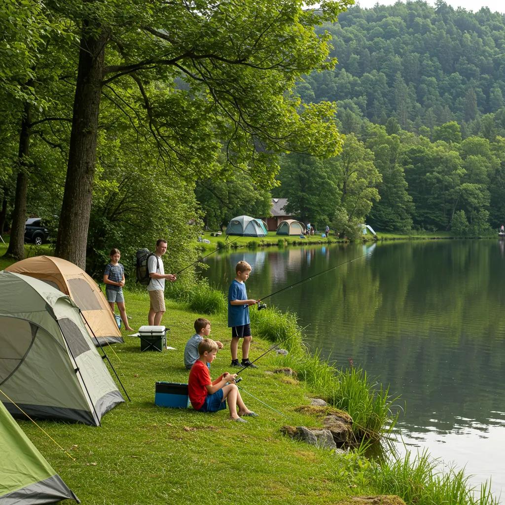 Family camping by a lake, enjoying hiking and fishing activities in a scenic outdoor setting