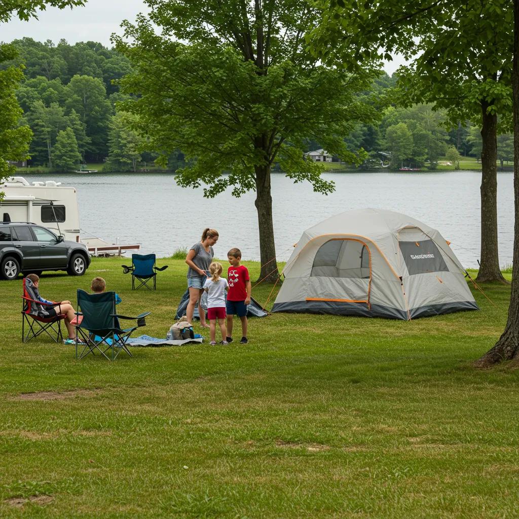 Family camping by a lake in Michigan, showcasing summer outdoor activities and family bonding