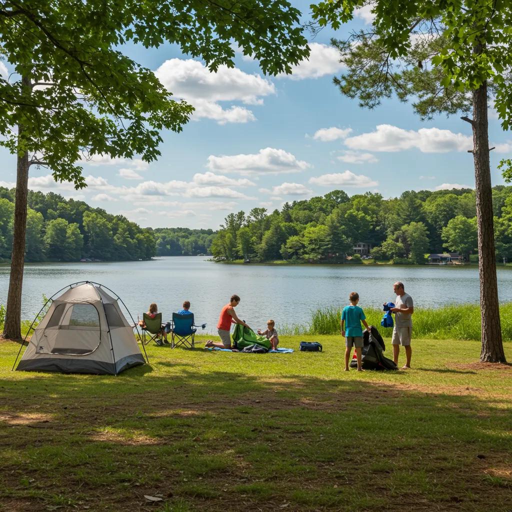 Family camping by a lake in Ohio, highlighting outdoor relaxation and nature