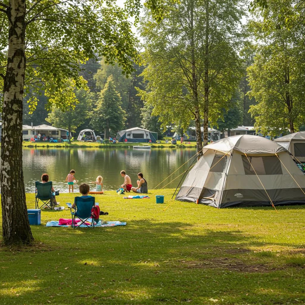 Family camping by a lake with a tent, children playing, and trees in the background