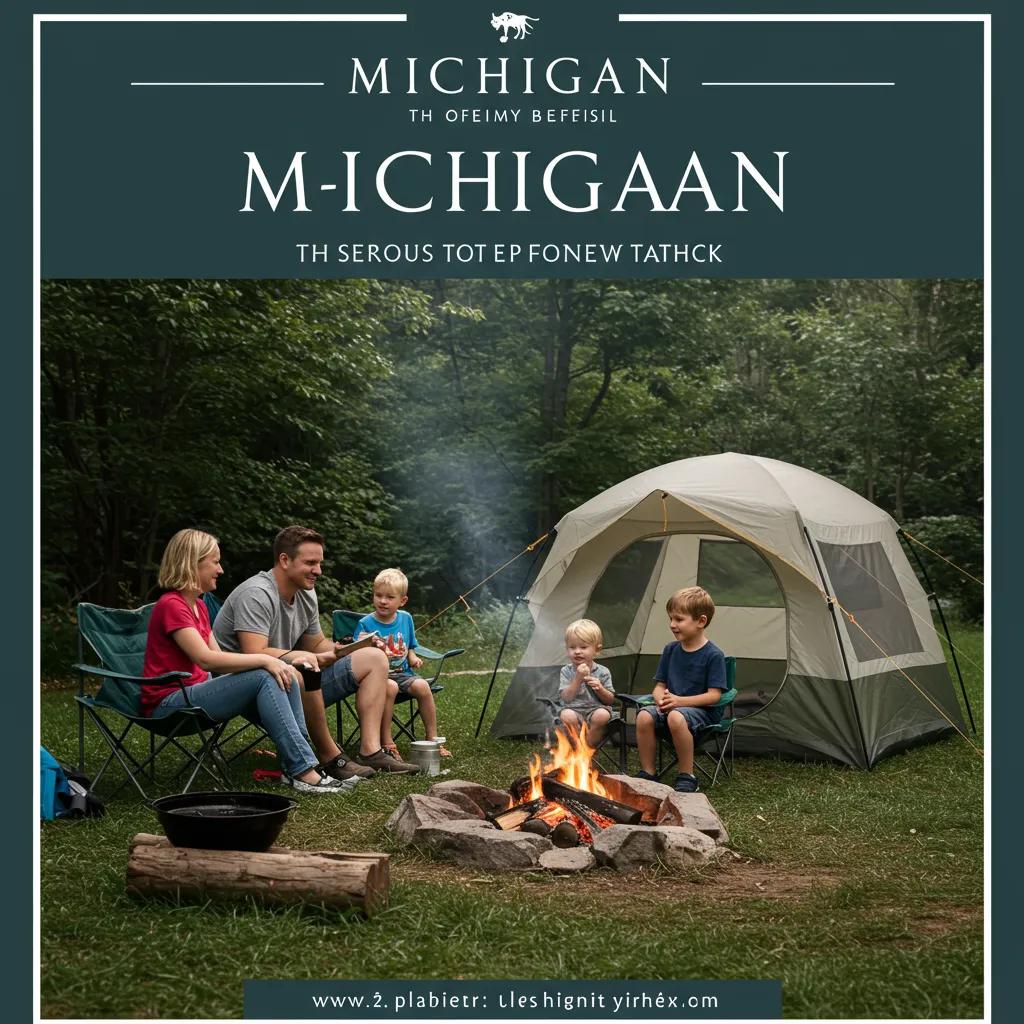 Family camping in Michigan with a tent and campfire, highlighting outdoor adventure and affordability