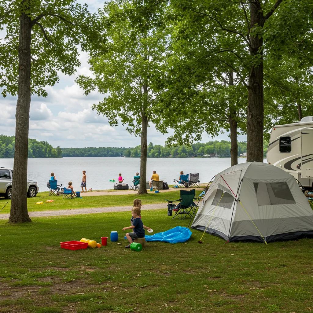 Family camping in Michigan with a tent and RV near a lake, highlighting family-friendly amenities