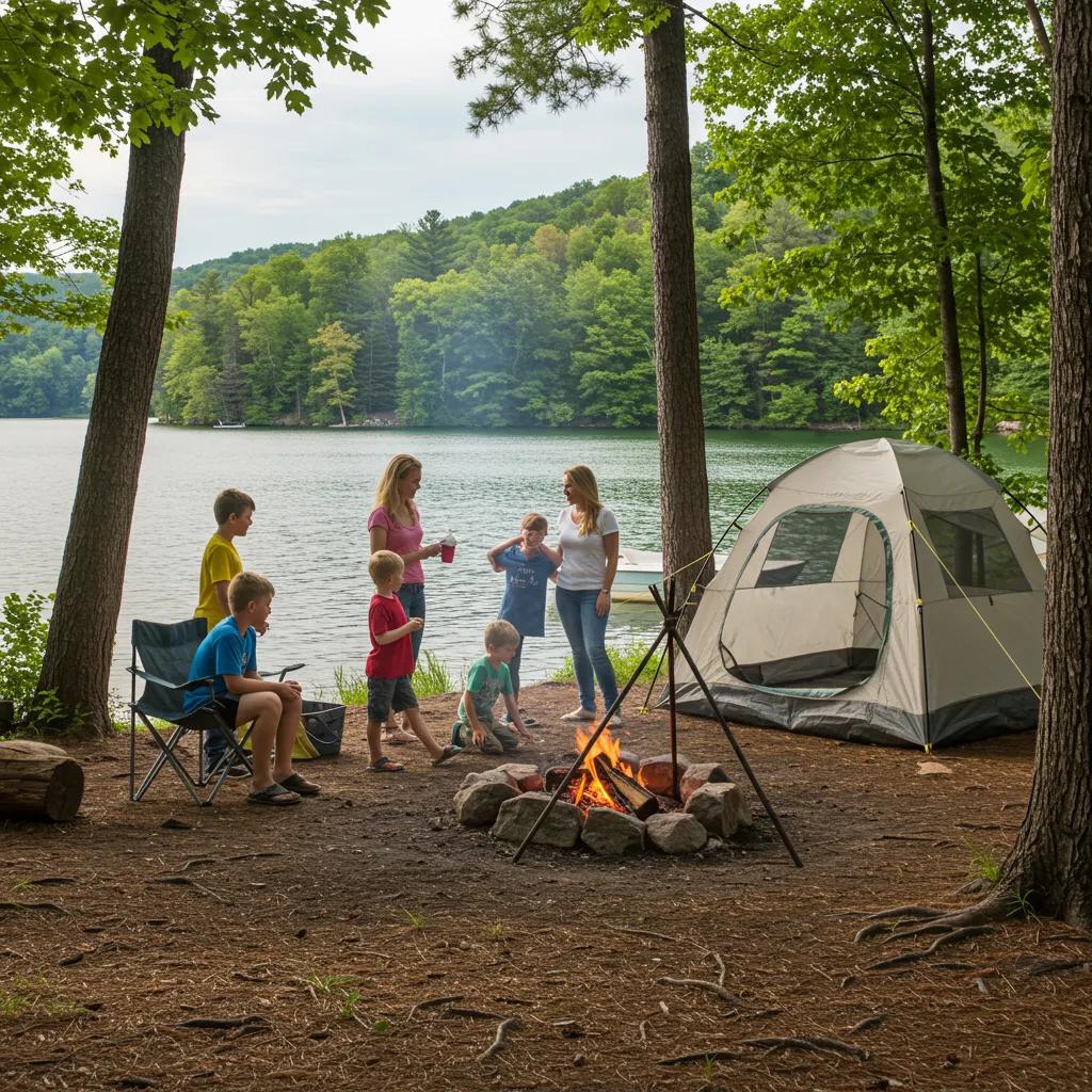 Family camping in Michigan with a tent by a lake, capturing the essence of outdoor adventure