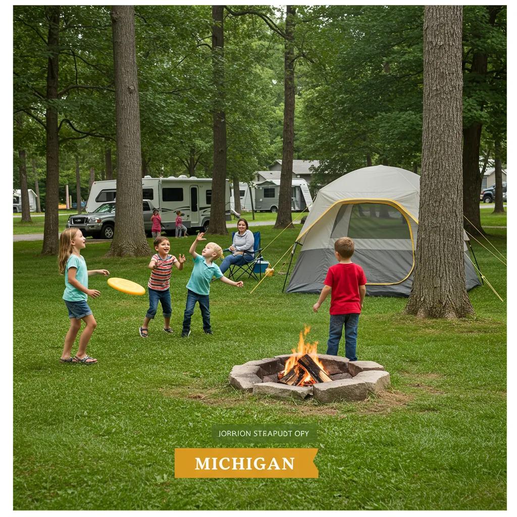 Family camping in Michigan with children playing and adults relaxing in a scenic campground