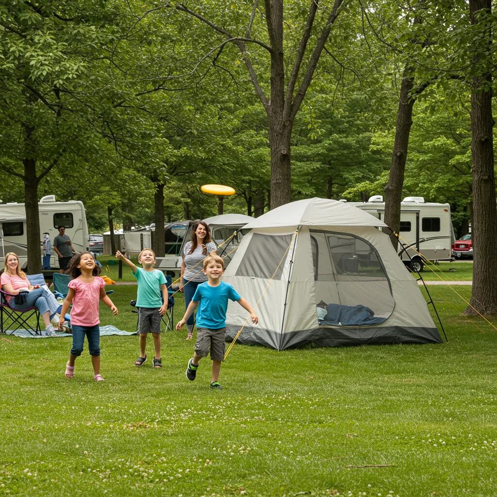 Family camping in Michigan with children playing and parents relaxing in a lush campground