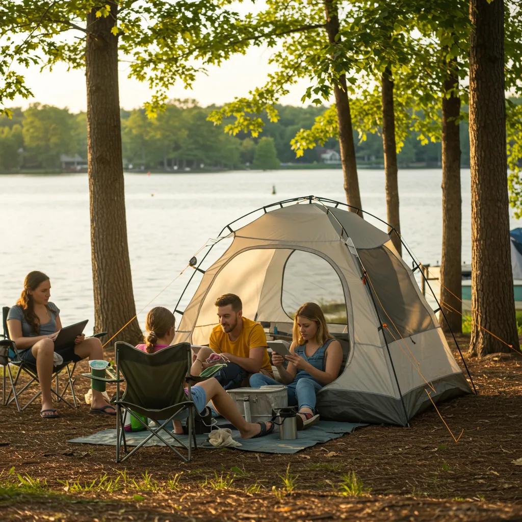 Family camping in Michigan with devices, highlighting Wi-Fi connectivity in nature