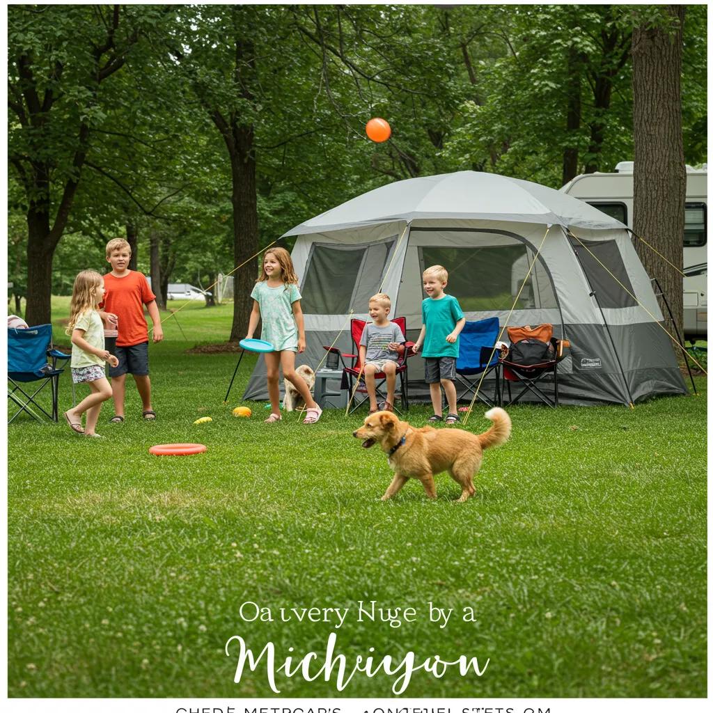Fenced dog run at a pet-friendly campground in Michigan, showcasing dogs playing and pet amenities
