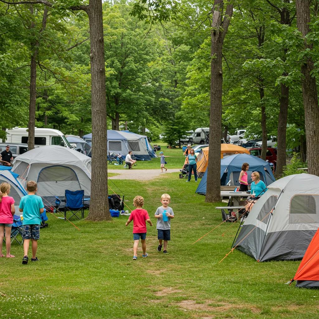 Family camping in Michigan with scenic hiking trails, showcasing tents and children playing outdoors