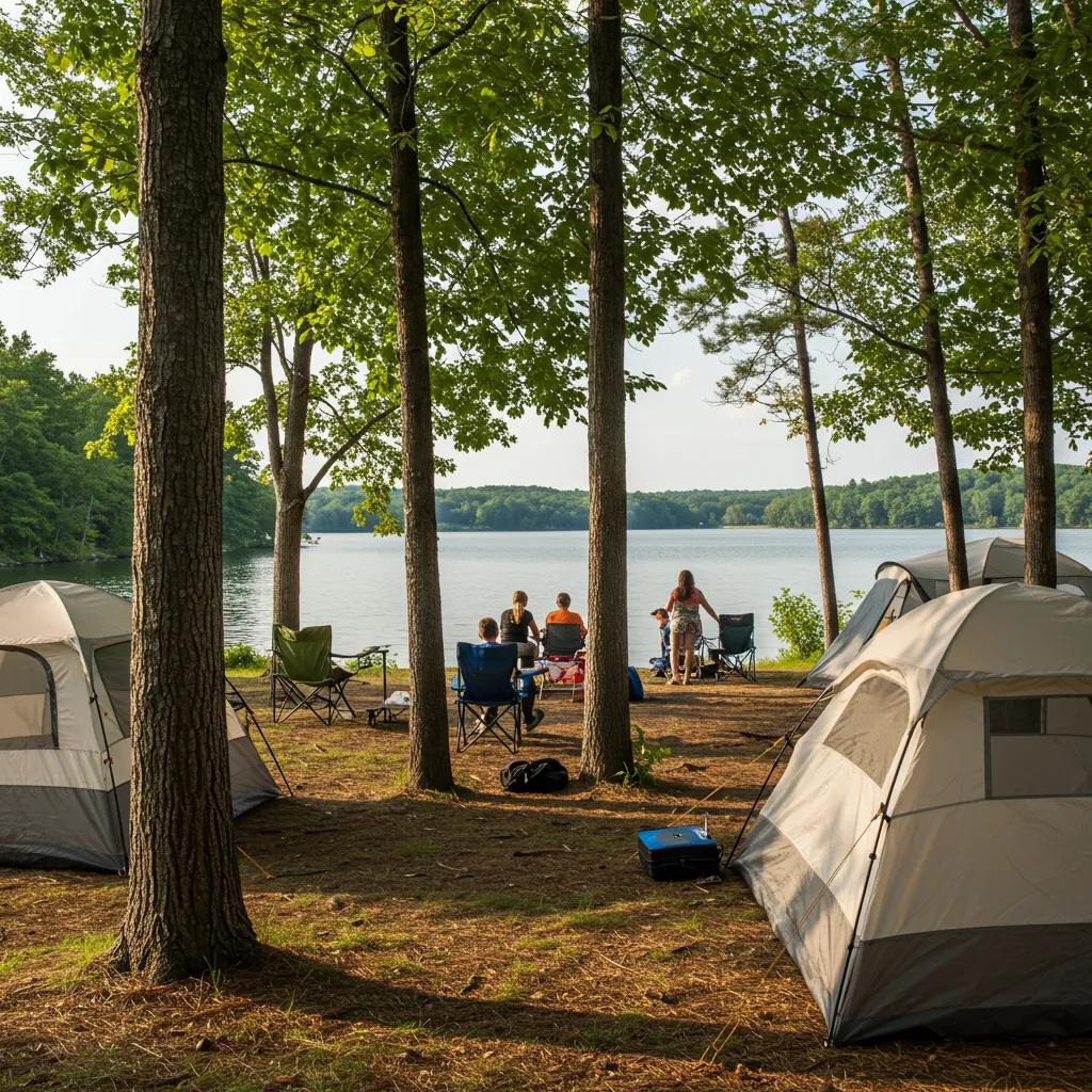 Family camping in Michigan with tents by a serene lake and lush trees