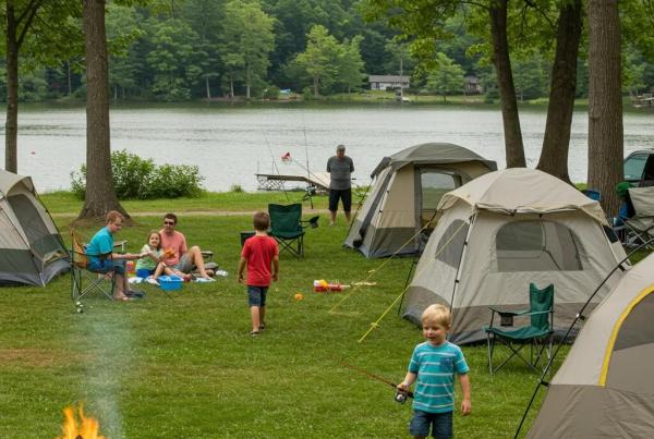 Family camping in Ohio with tents by a lake, showcasing outdoor adventure and togetherness