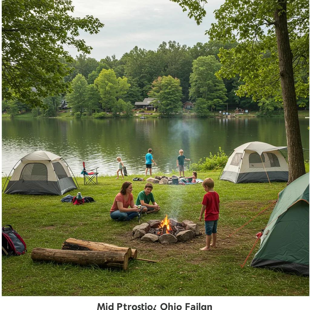 Family camping in Ohio with tents by a lake, showcasing outdoor fun and nature