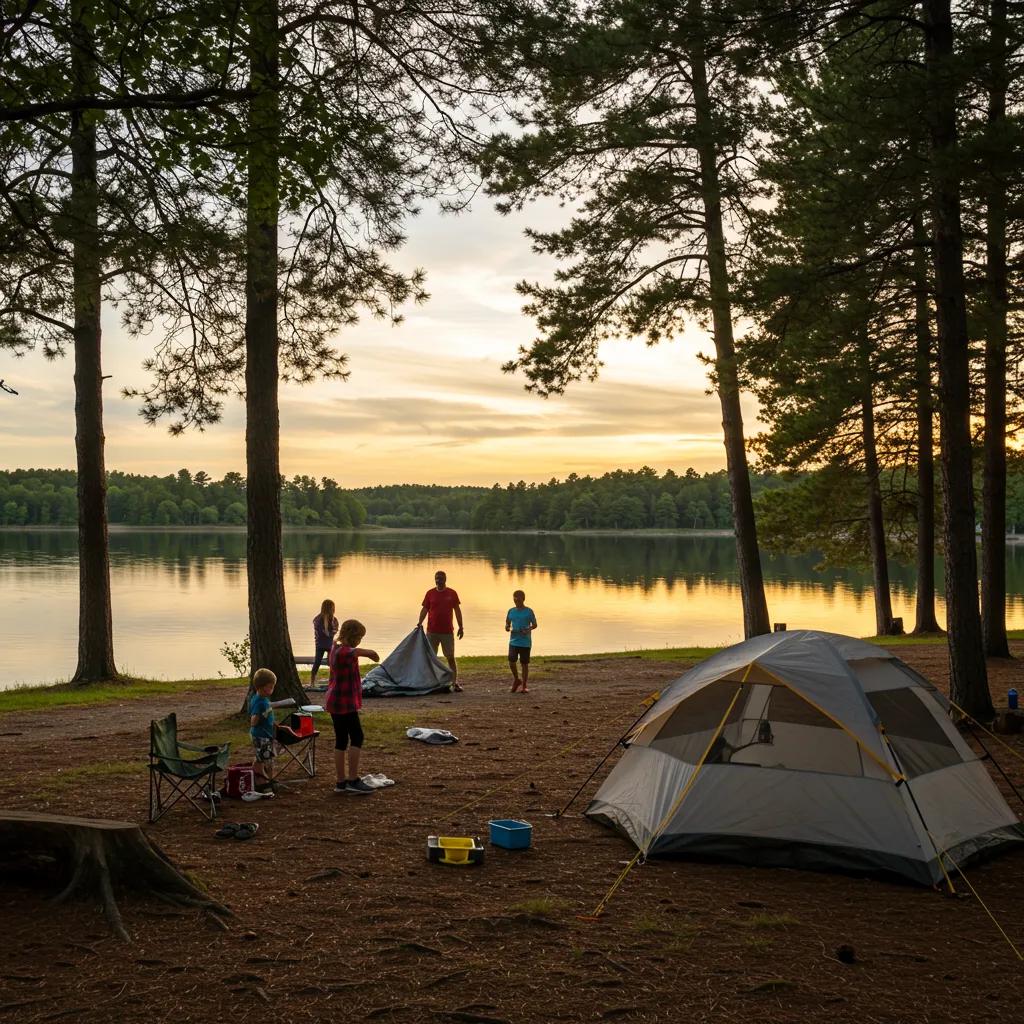 Family camping near a lake during sunset, showcasing a perfect weekend retreat atmosphere