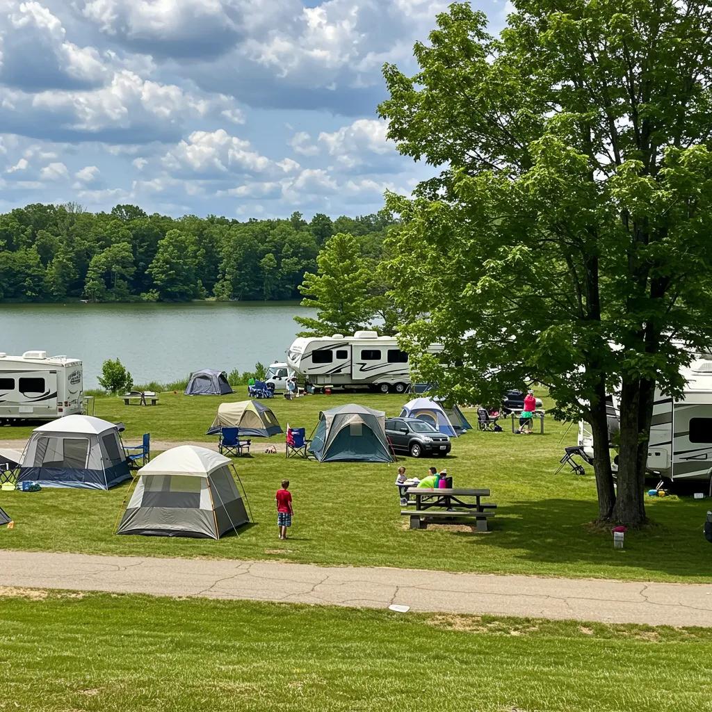 Family camping near a lake in Ohio, highlighting outdoor activities and vibrant campground scenery