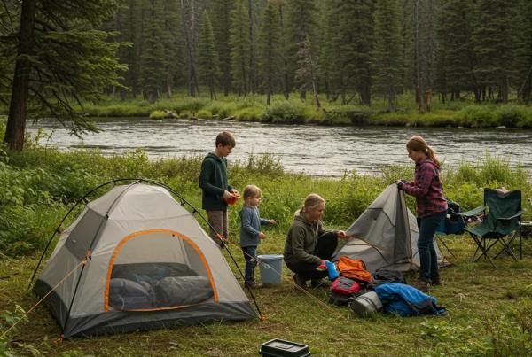 Family camping responsibly near a river, emphasizing wildlife protection and safety measures